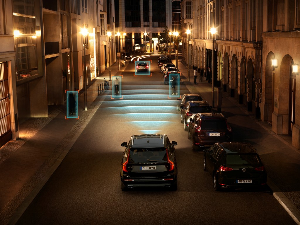 A rendering showing Volvo's City Safety technology at night on an XC90. (Volvo)